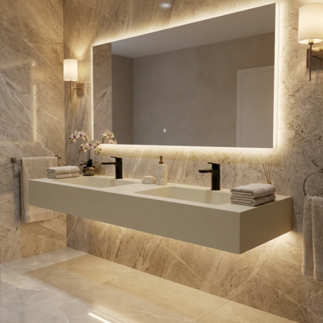 Doppelwaschbecken aus Mineralguss modell LUNA mit Wandhalterung (inkl. Befestigungssystem) – Kostenloser Transport 🚚